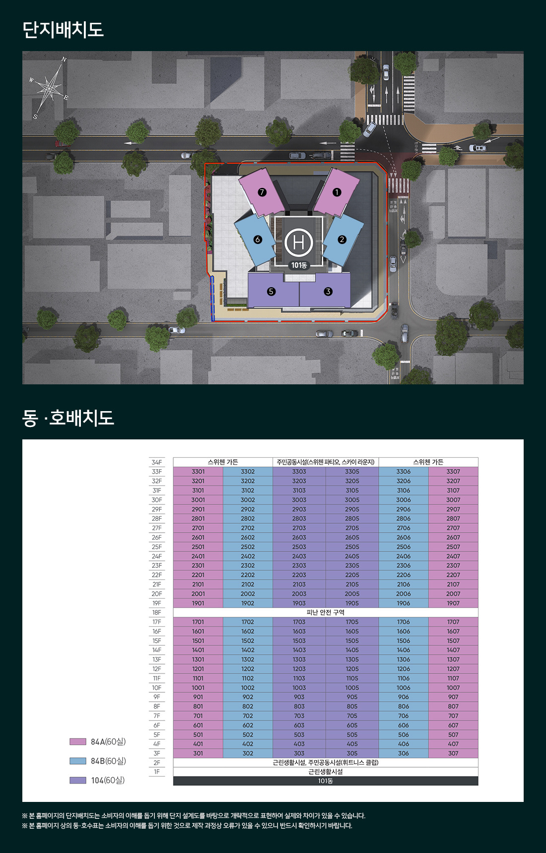 단지배치도와 동·호배치도 — 101동 3~33층, 84A·84B·104 각 60실, 34층 스위첸 가든·주민공동시설